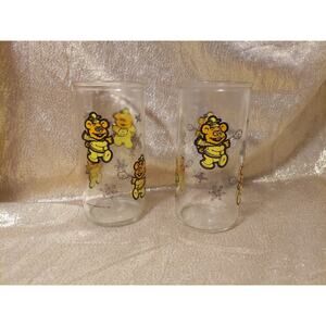 2 MUPPET BABIES JELLY JAR DRINKING GLASSES Fozzie Bear 1989 Jim Henson Fozzy